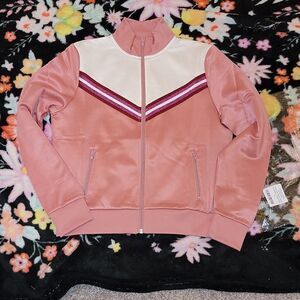 New American Apparel Track Crop Zip Up Jacket Dusty Rose w Trophy Stripe M